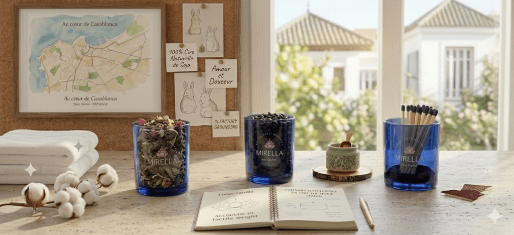 Collection complète Mirella avec bougie en cire naturelle et ingrédients botaniques, le guide visuel ultime pour how to synchronize your sleep for energy (comment synchroniser ton sommeil pour l'énergie) et créer un sanctuaire de sommeil.