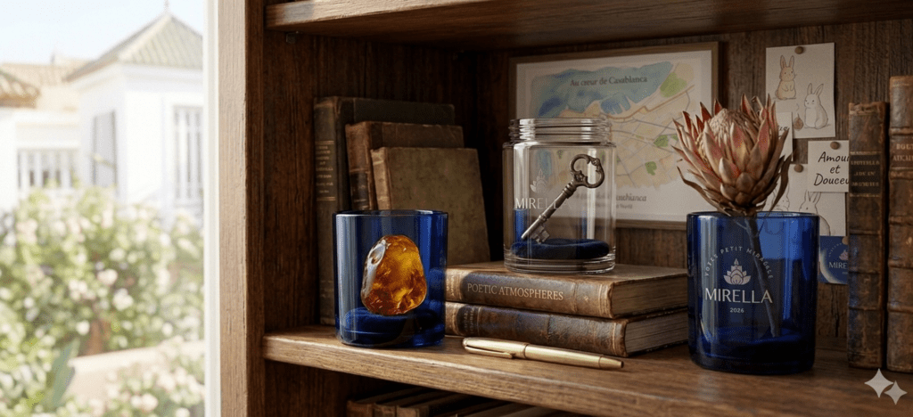 Une étagère en bois de style Dark Academia illustrant how to reuse candle jars (comment réutiliser les pots de bougies) : trois pots Mirella upcyclés transforment des objets simples (ambre baltique, clé antique, fleur de Protéa) en une galerie de spécimens curatés, à côté de livres d'art.