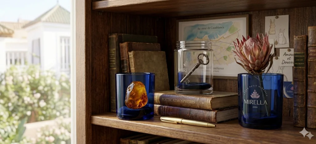 Une étagère en bois de style Dark Academia illustrant how to reuse candle jars (comment réutiliser les pots de bougies) : trois pots Mirella upcyclés transforment des objets simples (ambre baltique, clé antique, fleur de Protéa) en une galerie de spécimens curatés, à côté de livres d'art.