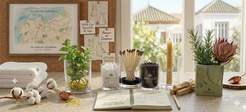 Collection complète Mirella avec bougie en cire naturelle et ingrédients botaniques, le guide visuel ultime pour how to create a relaxing home atmosphere (comment créer une atmosphère de maison relaxante) et construire votre sanctuaire de productivité.