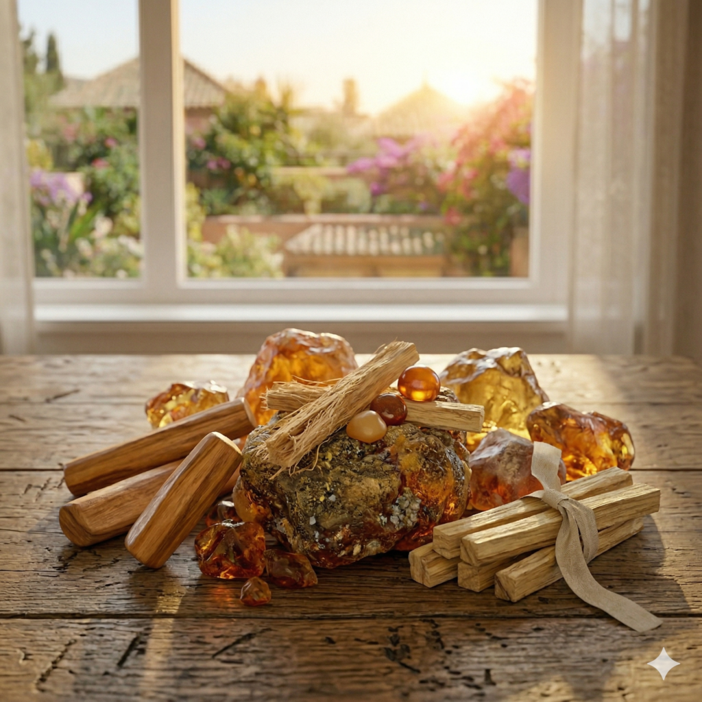 Ingrédients naturels de luxe incluant l'ambre baltique et le bois de santal, illustrant les best candle scents for a cozy vibe pour un ancrage olfactif.