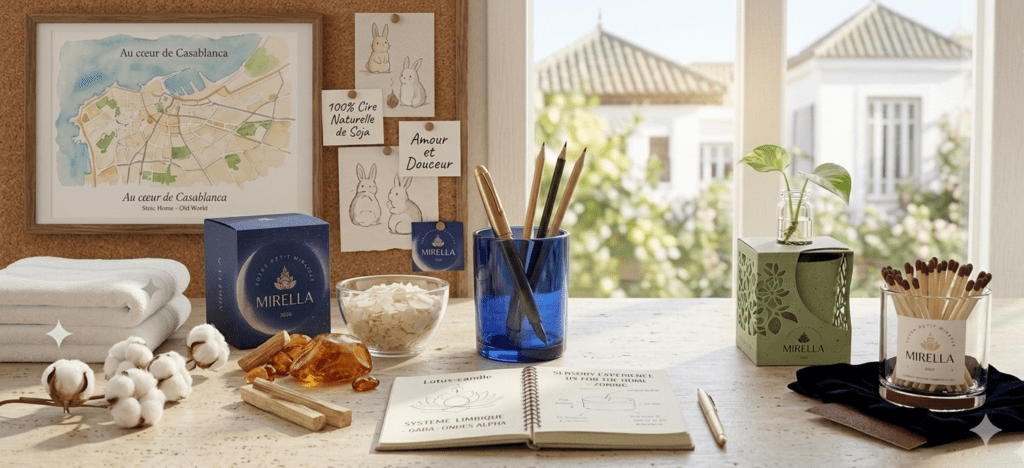 Organisation de bureau minimaliste illustrant how to reuse candle jars (comment réutiliser les pots de bougies) : un bocal en verre lourd reconditionné en porte-stylos élégant pour un espace de travail Stoïque et ordonné.