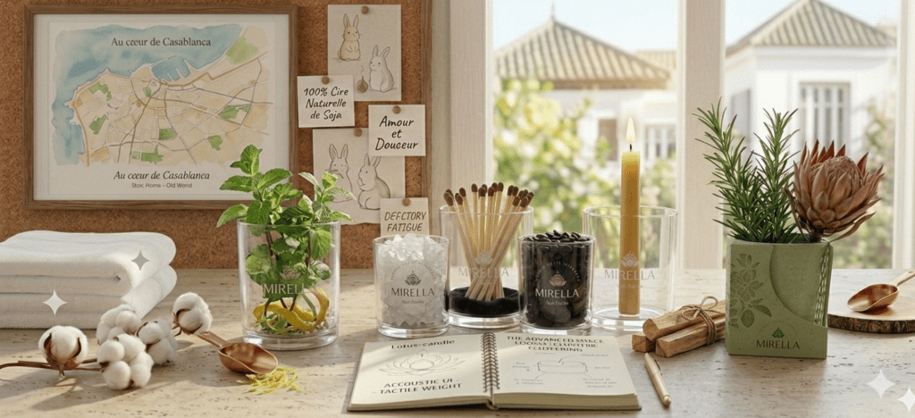 Collection complète Mirella avec bougie en cire naturelle et ingrédients botaniques, le guide visuel ultime pour how to create a relaxing home atmosphere (comment créer une atmosphère de maison relaxante) et construire votre sanctuaire de productivité.